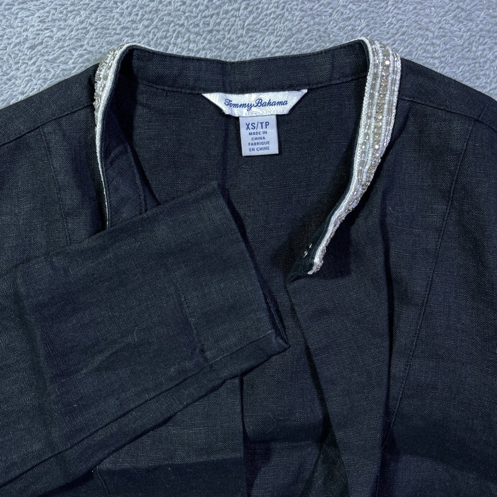 Tommy‎ Bahama Black Linen Blazer Jacket Embellished Pockets Collar XS TP